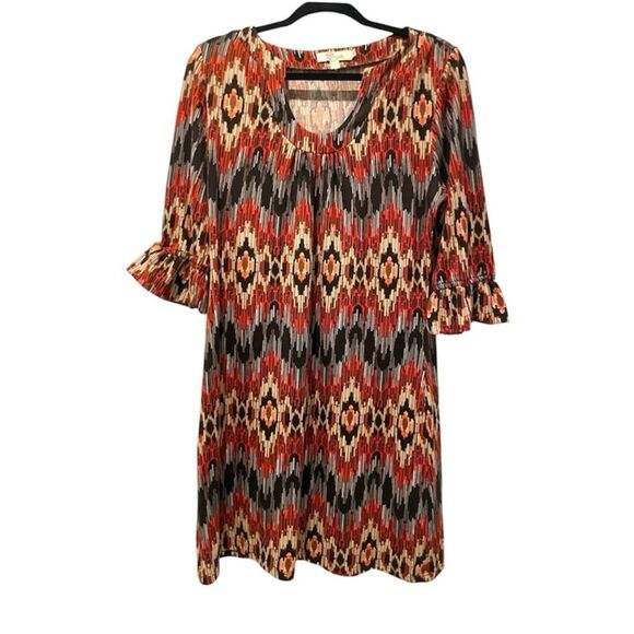 Aryeh Elbow 3/4 Sleeve Abstract Print Knit Shift Dress Brown Orange Size XL - Picture 2 of 9